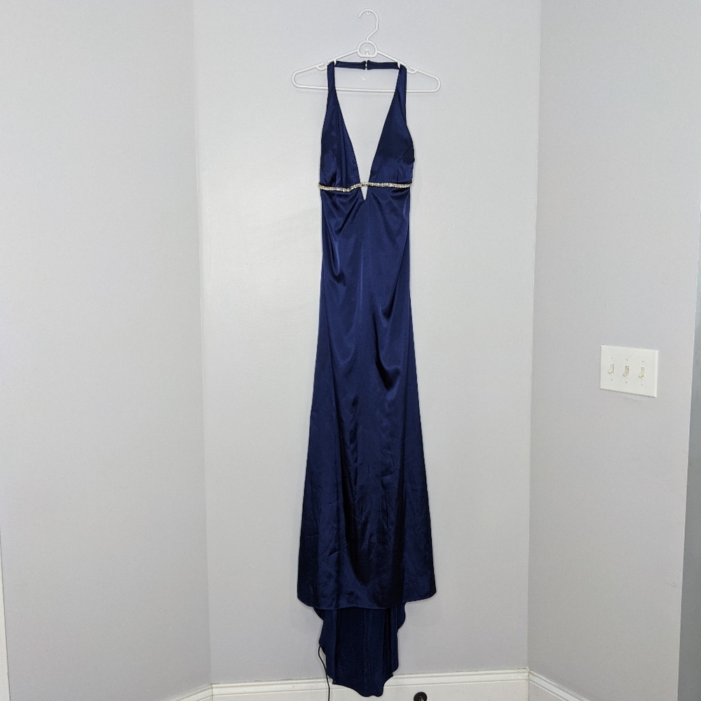 Navy blue & Rhinestone elegant vneck backless gown